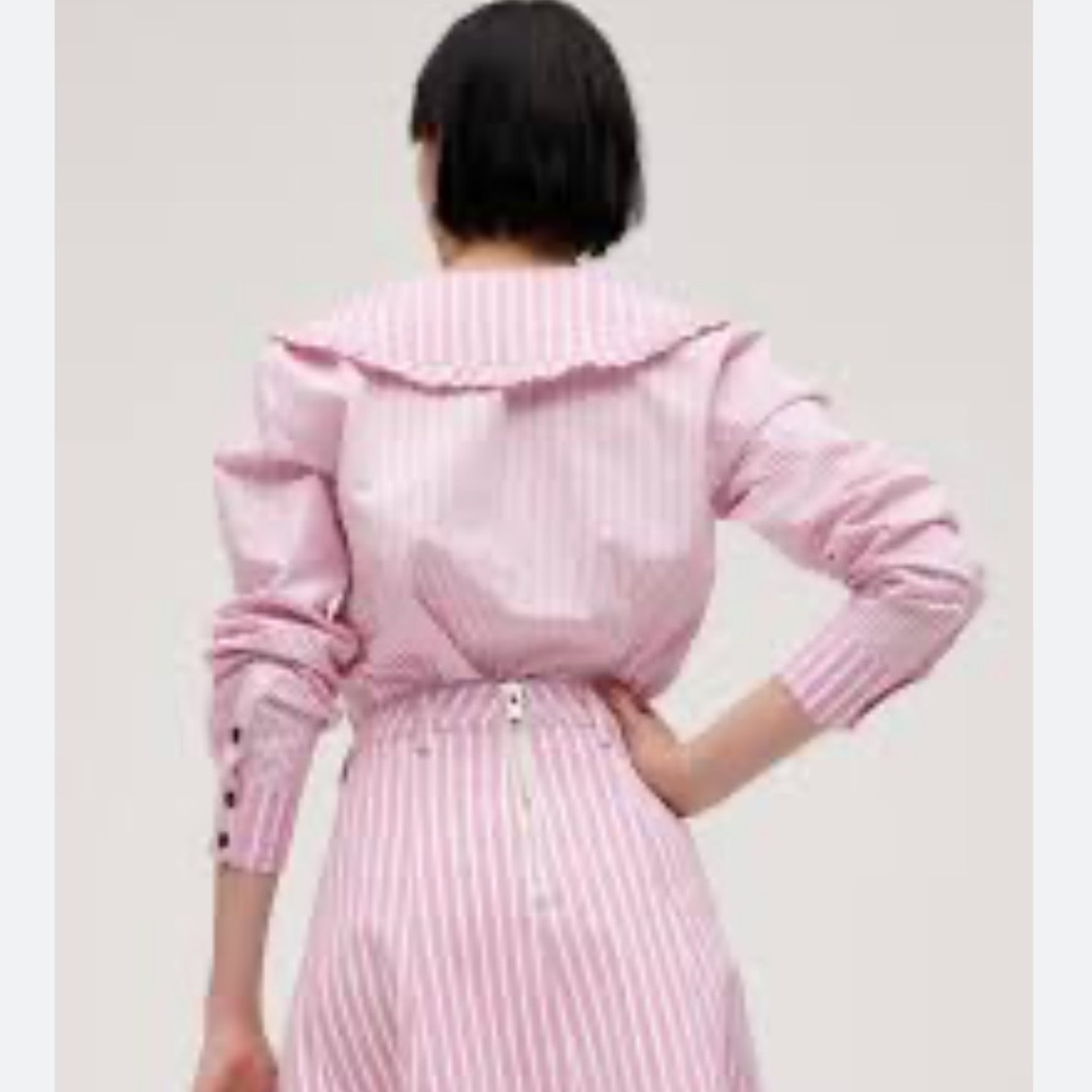 GANNI cotton white pink striped button down top blouse, size US 6 - Picture 2 of 11